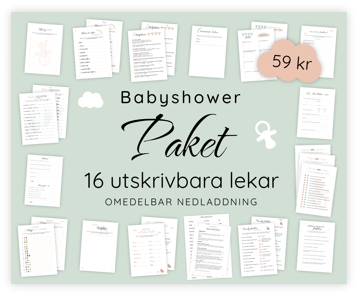 Paket med alla våra 16 printables för Babyshowern. Detta är stenciler som kan skrivas ut för att underlätta förberedelserna inför din Babyshower. Det ingår till exempel en emoji-pictionary-lek och en quiz. När dessa skrivs ut blir det superenkelt att både leka och rätta.