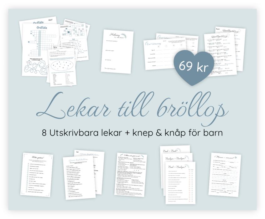 Paket med alla 9 bröllops-printables. Detta är stenciler som kan skrivas ut för att underlätta förberedelserna inför bröllopet. Det ingår till exempel en bröllopsquiz, leken Gissa kärlekslåten samt knep och knåp till barnen. När dessa skrivs ut blir det superenkelt att leka oavsätt hur många man är!