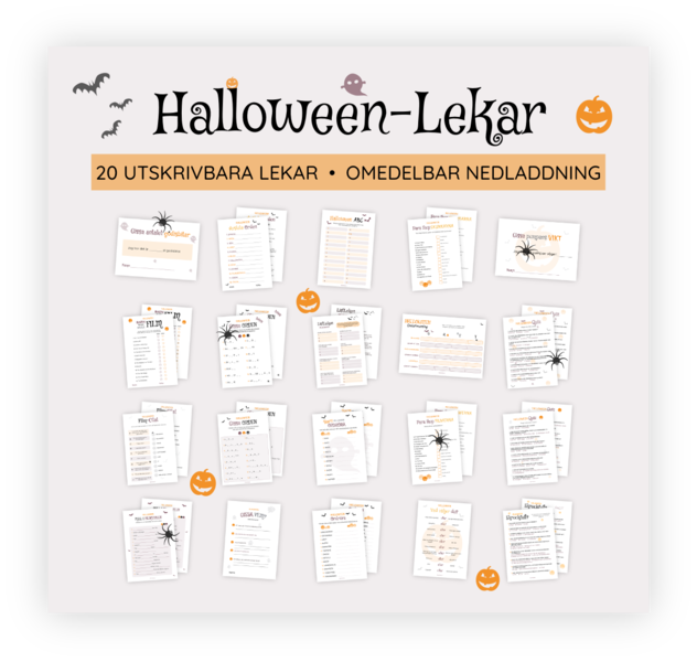 Paket med alla våra 20 printables. Detta är stenciler som kan skrivas ut för att underlätta förberedelserna inför Halloween-festen. Det ingår till exempel en quiz för vuxna och en för barn. När dessa skrivs ut blir det superenkelt att både leka och rätta.