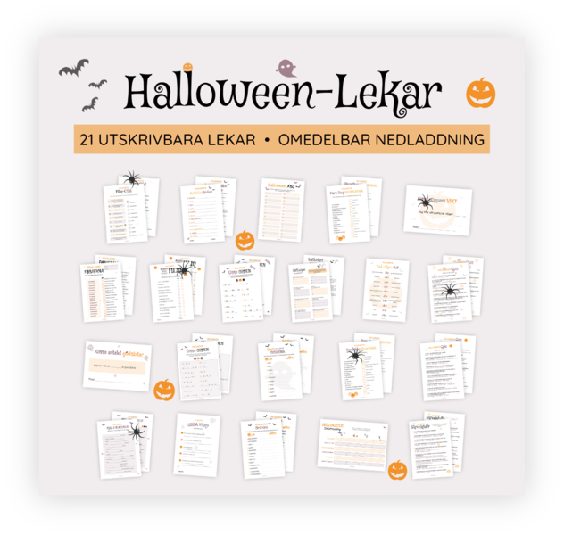 Paket med alla våra 21 printables. Detta är stenciler som kan skrivas ut för att underlätta förberedelserna inför Halloween-festen. Det ingår till exempel en quiz för vuxna och en för barn. När dessa skrivs ut blir det superenkelt att både leka och rätta.