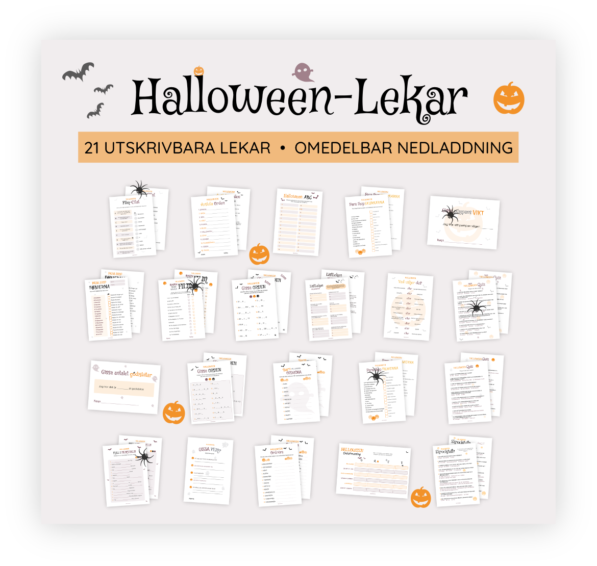 Paket med alla våra 21 printables. Detta är stenciler som kan skrivas ut för att underlätta förberedelserna inför Halloween-festen. Det ingår till exempel en quiz för vuxna och en för barn. När dessa skrivs ut blir det superenkelt att både leka och rätta.