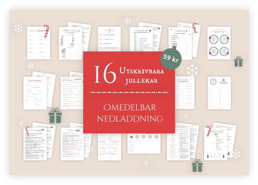 Paket med alla våra 16 jul-printables. Detta är stenciler som kan skrivas ut för att underlätta förberedelserna inför jul-firandet. Det ingår till exempel en jul-quiz. När dessa skrivs ut blir det superenkelt att både leka och rätta.