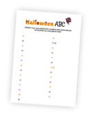 Utskrivbar stencil för leken Halloween ABC. I denna lek är uppgiften för deltagarna att skriva ett halloween- eller höstrelaterat ord för varje bokstav i alfabetet.