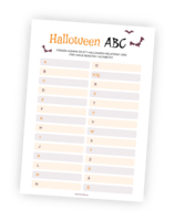 Printable för leken Halloween ABC. I denna lättsamma Halloweenlek är uppgiften att skriva ett halloween- eller höstrelaterat ord för varje bokstav i alfabetet.