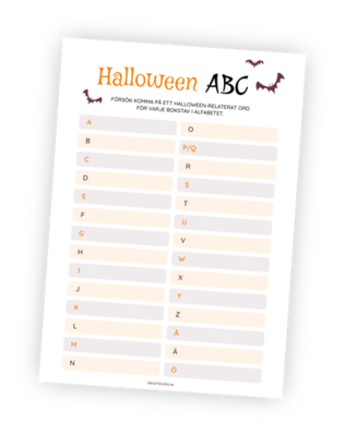 Printable för leken Halloween ABC. I denna lättsamma Halloweenlek är uppgiften att skriva ett halloween- eller höstrelaterat ord för varje bokstav i alfabetet.