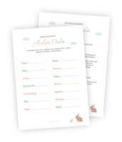 Printable till babyshower-leken Avsluta orden. I denna lugna lek ska deltagarna skriva klart ett antal ord och försöka skriva samma som mamman/pappan gör. Ett poäng per matchande ord.