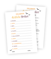 Printable till halloweenleken Avsluta ordet. Detta är en lagtävling. 12 stycken ord finns uppskrivna och lagmedlemmarna ska avsluta orden så likt som möjligt utan att se vad den andra skriver.