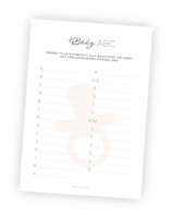 Printable för leken Babyshower ABC. I denna lek tävlar gästerna om att komma på flest bebis- och graviditetsrelaterade ord.