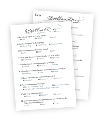 Quiz-printable till bröllopsfirandet! 10 frågor på bröllopstema med tre svarsalternativ var. Enkel att skriva ut och leka tillsammans med alla gästerna på bröllopet. Quiz-printable till bröllopsfirandet! 10 frågor på bröllopstema med tre svarsalternativ var. Enkel att skriva ut och leka tillsammans med alla gästerna på bröllopet.