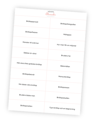Printable till charader för möhippor. På denna printable finns 18 st titlar på bröllopsfilmer att göra charader om. Klipp ut, vik och lägg dem i en skål som alla kan dra ur. Lek i lag eller individuellt och försök (genom att enbart gestikulera) få de andra att säga hela filmtiteln. Den som gissar rätt först vinner! Printable till charader för möhippor. På denna printable finns 18 st titlar på bröllopsfilmer att göra charader om. Klipp ut, vik och lägg dem i en skål som alla kan dra ur. Lek i lag eller individuellt och försök (genom att enbart gestikulera) få de andra att säga hela filmtiteln. Den som gissar rätt först vinner!
