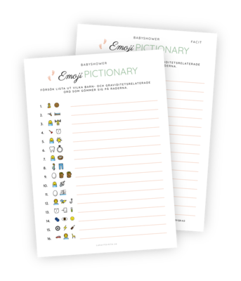 Printable till babyshower-leken Emoji-pictionary. Här får alla roligt med emojis! Gästerna ska gissa vilka gravid- och bebisrelaterade ord som gömmer sig bakom de rebus-liknande smiley-pusslen.