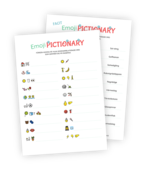 Printable till sommarleken Emoji pictionary. Här ska de som leker komma på vilka sommarord som gömmer sig bakom 20 stycken kombinationer av emojis. Varje ord 'stavas' med 2-3 emojis och det följer med ett facit som gör det enkelt att rätta.