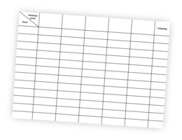Femkampsblad-printable att skriva upp alla deltagares poäng på. Det finns 5 kolumner för lekar och 12 rader för deltagarnas namn, poäng och totalpoäng.