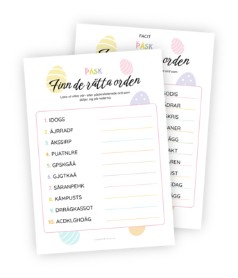 Printable för leken Finn de rätta orden. I denna roliga lek ska deltagarna klura ut vilka ord som är omkullkastade. Den som kommer på flest ord vinner! Printable för leken Finn de rätta orden. I denna roliga lek ska deltagarna klura ut vilka ord som är omkullkastade. Den som kommer på flest ord vinner!