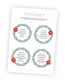 Printable till den roliga julleken Fotojakt. Denna leker man inomhus eller utomhus och kameran ska med! Deltagarna måste fota sig själva tillsammans med olika julsaker för att få poäng (t.ex. 1 poäng för en pepparkaka och 3 poäng för en snöglob).