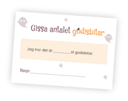Printable för att anordna en Gissa antalet godisbitar-tävling på Halloween. Fyll upp massa godis i en skål eller burk och skriv ut denna. Dela ut och låt gästerna gissa!