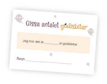 Printable för att anordna en Gissa antalet godisbitar-tävling på Halloween. Fyll upp massa godis i en skål eller burk och skriv ut denna. Dela ut och låt gästerna gissa!