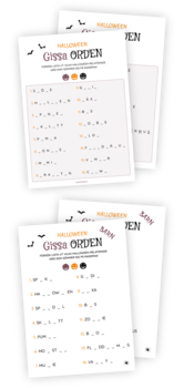 Printables för Halloweenleken "Gissa orden" i både barn- och vuxenversion. Här ska gästerna försöka fylla i de bokstäver som saknas i halloween-relaterade ord. Kul och klurig lek med penna och papper för både barn och vuxna!