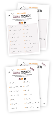 Printables för Halloweenleken "Gissa orden" i både barn- och vuxenversion. Här ska gästerna försöka fylla i de bokstäver som saknas i halloween-relaterade ord. Kul och klurig lek med penna och papper för både barn och vuxna!