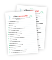 Printable för sommar- och midsommar-leken Vilken sommarlåt? Det ingår 18 stycken meningar som beskriver titlar till sommarlåtar och deltagarna ska försöka gissa vilka sommarlåtar det handlar om. Ett exempel på mening är 'Sång nära blåsiga fält' vilket syftar på sommarlåten 'Visa vid vindens ängar'.