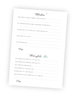 Printable till babyshower-aktiviteten Hälsning. Här får gästerna chansen att svara på några frågor som tillsammans blir två hälsningar, en till den blivande föräldern och en till det kommande barnet. Du kan samla in dessa efteråt och spara som fina minnen!