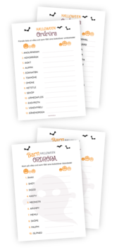 Printable för Halloween-leken "Ordröra". I denna roliga lek ska deltagarna klura ut vilka ord som är omkullkastade. Den som kommer på flest ord vinner.