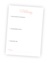 Printable till aktiviteten Hälsning till blivande bruden för möhippor. Här får alla chansen att dela en personlig hälsning till blivande bruden med namn eller anonymt. Samla ihop alla hälsningar och ge till den blivande bruden som ett minne från möhippan.