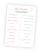 Printable till julleken Jag väljer. Här får deltagare 10 par av påståenden och ska kryssa i vad de föredrar eller vad som passar bäst in på dem. Allt är på jultema och leder lätt in på roliga konversationer kring till exempel klappar och jultraditioner.