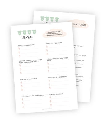 Printable till Listleken för babyshowers. I denna lek ska deltagarna skriva tre ord under 8 olika kategorier med bebistema. Målet är att skriva ord som så många andra som möjligt också kommer skriva, då matchande ord är det som ger poäng.
