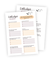 Printable för Listleken för halloween. Alla deltagare/lag får en penna och ska skriva tre svar på varje av åtta kategorier. Målet är inte att svara rätt utan att svara så likt de andra lagen/deltagarna som möjligt. Ju fler som skrivit samma som du, desto mer poäng får du!