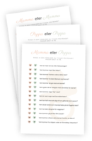 Printable till leken Mamma eller pappa? Här ska deltagarna gissa om den blivande mamman eller blivande pappan passar bäst in på påståenden. Facit blir det papperet som mamman och/eller pappan själva fyllt i. Inkluderar också versionerna 'Mamma eller mamma?' och 'Pappa eller pappa?'.