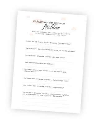 Printable för ‘Föräldraquiz’ som är en quiz med 8 frågor om den blivande mamman eller pappan.
