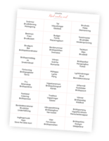 Printable till möhippeleken Med andra ord. Detta är en superrolig charadliknande lek där det gäller att besriva ett ord utan att använda själva ordet och få de andra att gissa rätt. Leker man individuellt är det den som gissar rätt flest gånger som vinner. Leker man i lag är det laget som snabbast tagit sig igenom sina ord som vinner. Denna printable innehåller ord på temat bröllop, kärlek och möhippa och klipper man ut allt får man 18 lappar med 3 ord på varje.