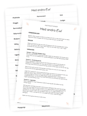 Färdig printable till babyshower-leken Med andra ord. Alla 54 ord är placerade med mellanrum så de är superenkla att klippa isär, vika ihop och lägga i en skål.