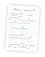 Min färdiga printable för leken Minns vi samma? Här ska bara brudparet delta och enskilt svara på olika frågor om deras tid tillsammans som till exempel hur de träffades och var de hade sin första dejt. Sedan läses deras svar upp så alla får höra hur lika de lyckades svara.