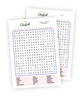Printable för leken Ordsök på påsktema där det gäller att hitta påsk-relaterade ord bland en stort rutnät av bokstäver. De orden deltagarna ska hitta finns listade längst ned. Orden kan vara vertikala, horisontella, diagonala eller något av dessa, fast baklänges! Den som hittar flest ord vinner! 