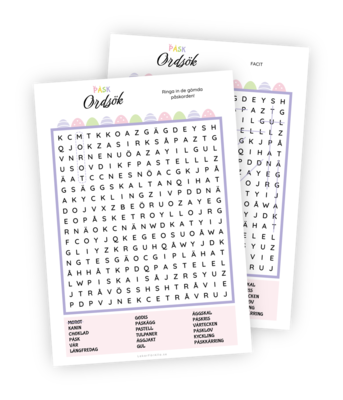 Printable för leken Ordsök på påsktema där det gäller att hitta påsk-relaterade ord bland en stort rutnät av bokstäver. De orden deltagarna ska hitta finns listade längst ned. Orden kan vara vertikala, horisontella, diagonala eller något av dessa, fast baklänges! Den som hittar flest ord vinner! Printable för leken Ordsök på påsktema där det gäller att hitta påsk-relaterade ord bland en stort rutnät av bokstäver. De orden deltagarna ska hitta finns listade längst ned. Orden kan vara vertikala, horisontella, diagonala eller något av dessa, fast baklänges! Den som hittar flest ord vinner!