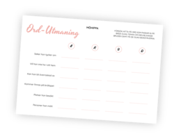 Printable till Ordutmaning för möhippor. I denna lek är utmaningen att komma på ord som börjar på en viss bokstav och samtidigt passar in på en kategori. Det finns 6 kategorier och bokstäverna orden ska börja på är B, R, U och D för totalt 24 ord. Tävla genom att sätta en tidsgräns där den som hinner komma på flest ord vinner!