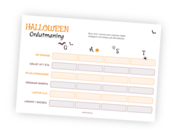Printable till leken Ordutmaning i halloween-version. Här ska deltagarna hitta på ord som passar in på ett tema för varje rad. Kruxet är att orden också måste börja på bokstaven G, A, S eller T beroende på kolumn. Flest ord vinner!