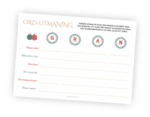 Printable för julleken Ordutmaning. Här ska deltagarna hitta på ord som passar in på ett tema för varje rad och en av bokstäverna G, R, A eller N beroende på kolumn. Flest ord vinner!