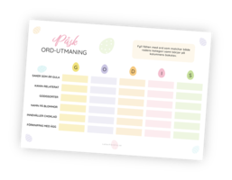 Printable för leken Ordutmaning i påskversion. Deltagarnas uppgift är att hitta på ord som passar in på ett påsk-relaterat tema för varje rad samt börjar på kolumnens bokstav. Flest ord vinner!