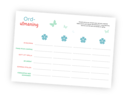 Printables till leken Ordutmaning. Det finns plats för 24 stycken ord där varje kolumn ska börja på en viss bokstav och varje rad ska följa ett tema. Flest nedskrivna ord vinner!