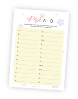 Printable för påskleken A till Ö. Alla alfabetets bokstäver A-Ö står uppradade och de tävlande ska försöka skriva ett påskord för varje bokstav. Tavla i lag eller individuellt och den med flest ord vinner!