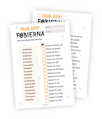 Printable till halloween-leken "Para ihop fobierna". Deltagarna ska helt "enkelt" luska ut vad rädslor så som Ancraofobi och Bibliofobi egentligen är. Detta är en unik och riktigt kul och knasig lek!