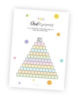 Printable för påskleken Ordpyramid. Här är uppgiften att skriva ord inom temat påsk på varje rad i pyramiden, där den första raden är 3 bokstäver och den sista 13. Den som fyller i flest pyramidrader med påskord vinner!