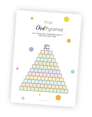 Printable för påskleken Ordpyramid. Här är uppgiften att skriva ord inom temat påsk på varje rad i pyramiden, där den första raden är 3 bokstäver och den sista 13. Den som fyller i flest pyramidrader med påskord vinner! Printable för påskleken Ordpyramid. Här är uppgiften att skriva ord inom temat påsk på varje rad i pyramiden, där den första raden är 3 bokstäver och den sista 13. Den som fyller i flest pyramidrader med påskord vinner!