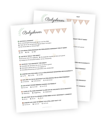 Printable för en Babyshower Quiz. Väldigt uppskattat på babyshowern! 10 frågor på bebis- och gravid-tema. Facit ingår vilket gör det superlätt att rätta!