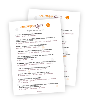 Quiz-printable för vuxna till Halloween-festen! 10 stycken frågor på temat Halloween med tre svarsalternativ var.