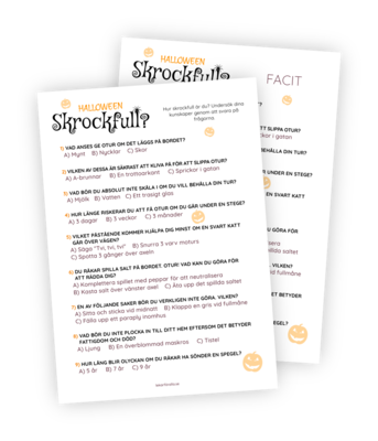 Printable till halloween-leken "Skrockfull?". I denna halloween-quiz gäller det att svara rätt på alla frågor om vidskeplighet och vad som ger otur. Annars kan det gå illa!