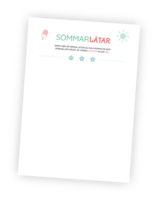 Fin printable för leken Sommarlåtar där deltagarna i lag ska försöka skriva så många låtnamn de kan på 5 minuter där låtarnas texter innehåller orden sommar eller sol.